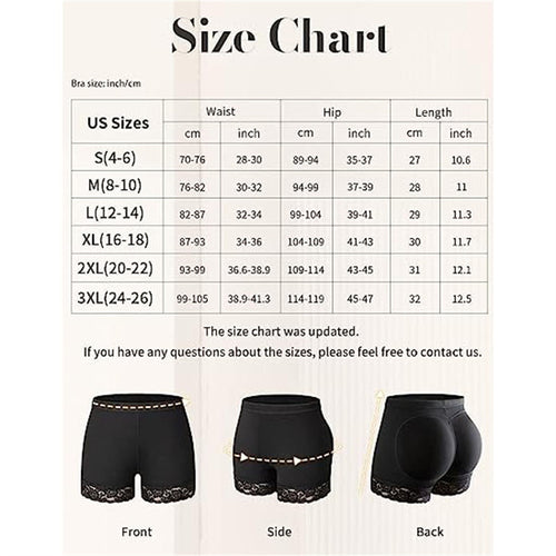 Hip lifter shorts size chart with measurements for selecting the correct fit.