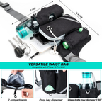 Black waist bag shown on a white background with overlaid dimension lines, a phone, keys, and a water bottle, plus three inset detail photos and text reading 'VERSATILE WAIST BAG' and 'Compatible with iPhone 13 Pro MAX'.

