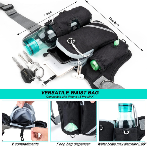 Black waist bag shown on a white background with overlaid dimension lines, a phone, keys, and a water bottle, plus three inset detail photos and text reading 'VERSATILE WAIST BAG' and 'Compatible with iPhone 13 Pro MAX'.

