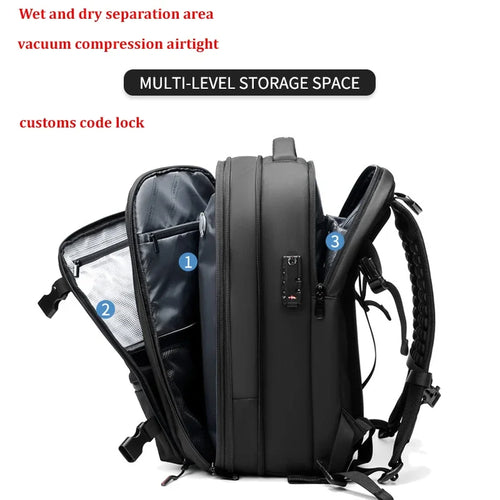 Features overview of the vacuum compression backpack including waterproof fabric and spacious compartments.