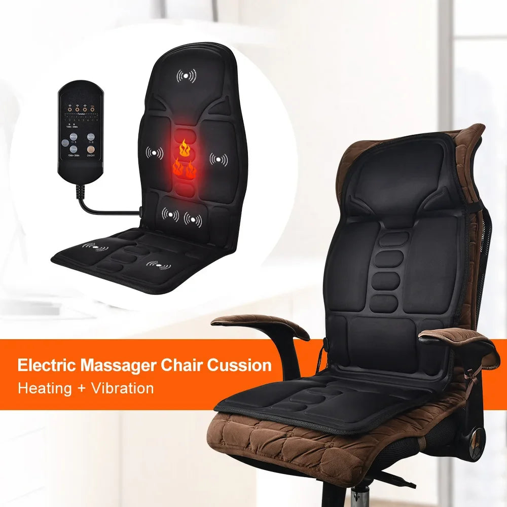 Electric massage chair cushion with heating and vibration on a chair, featuring a remote control.

