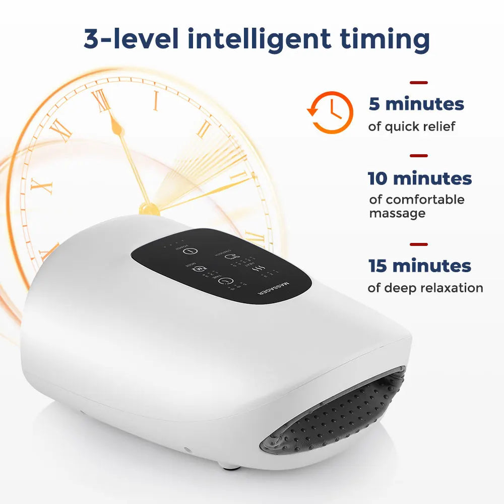 Smart hand massager featuring adjustable intensity levels and automatic timer settings