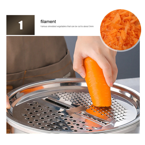 A stainless steel vegetable grater being demonstrated with a hand holding an orange carrot, with a circular inset showing shredded carrot filaments. Text at the top reads 'filament' and 'Various shredded vegetables that can be cut to about 3mm.

