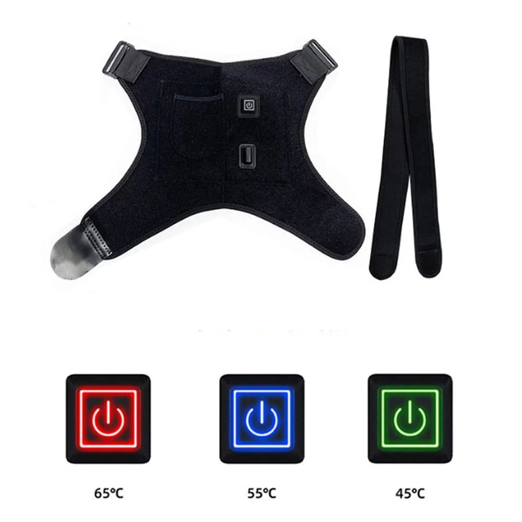 Adjustable heated shoulder brace designed for comfortable daily wear