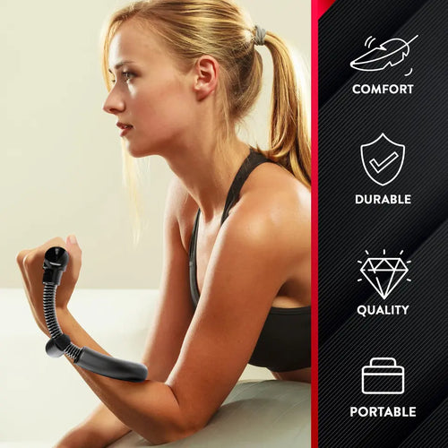 Woman using wrist and forearm strength trainer for fitness and endurance workouts