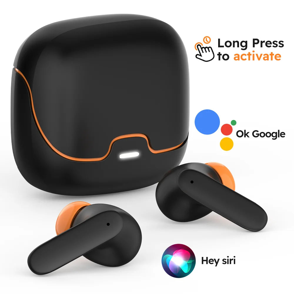 Premium wireless earbuds inside compact charging case with long battery life