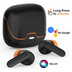 Premium wireless earbuds inside compact charging case with long battery life