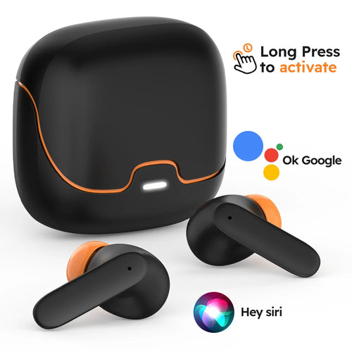 Premium wireless earbuds inside compact charging case with long battery life