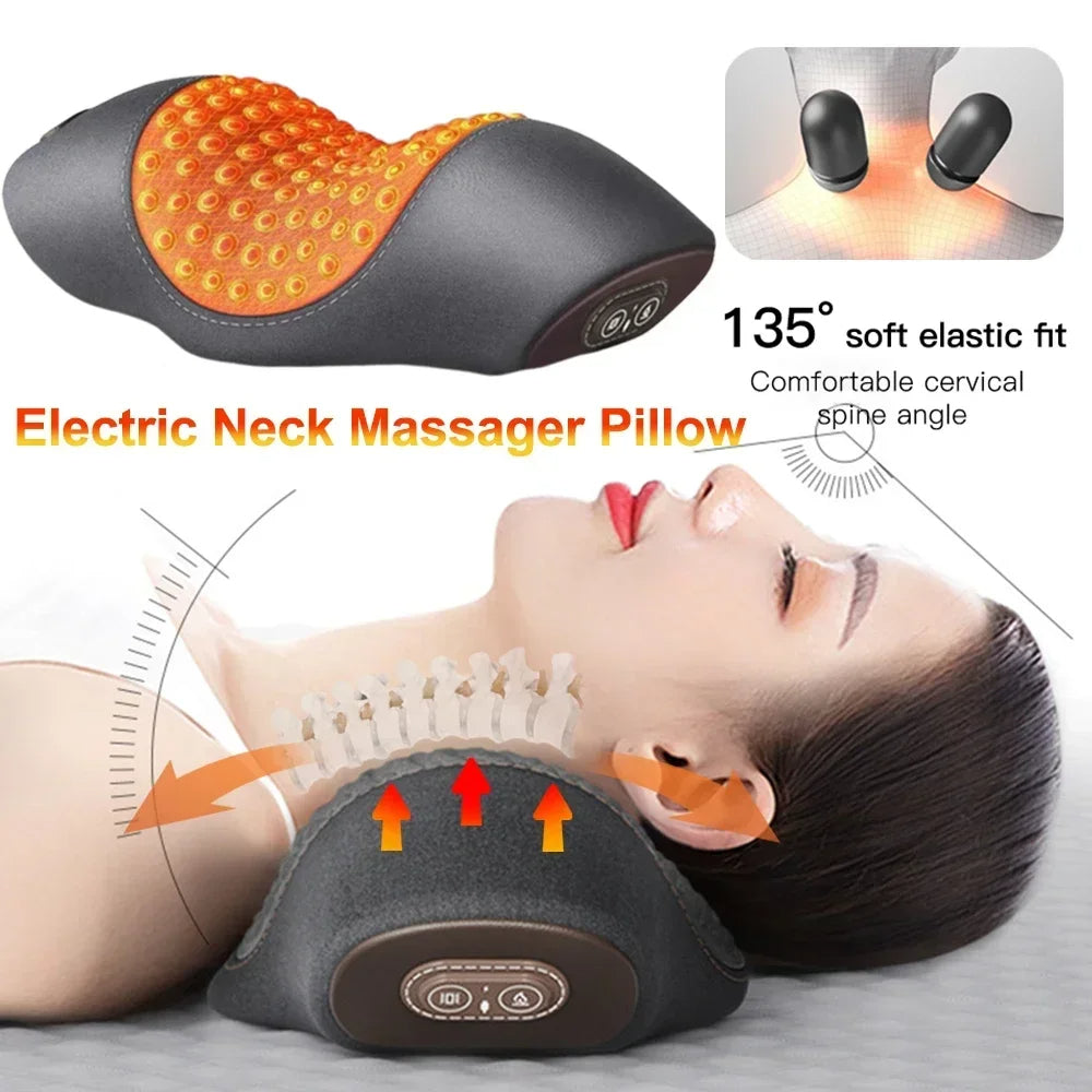 User Relaxing with Heated Neck Massage Pillow and Vibration Function