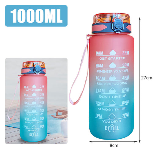 1000ML leakproof water bottle with carry strap and large capacity design.