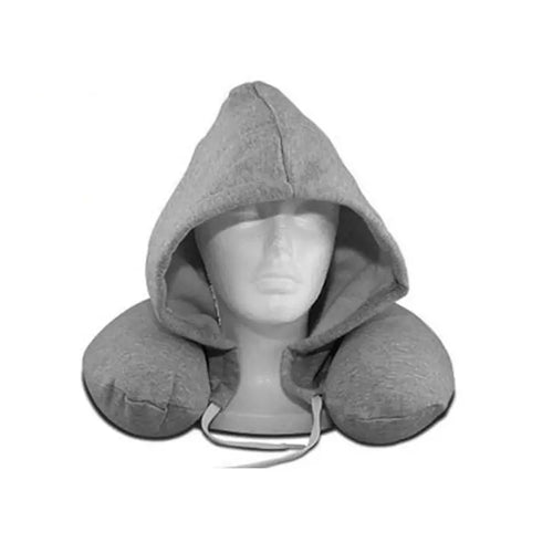 Gray hooded travel pillow designed for neck support and travel privacy.