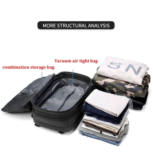 Side view of vacuum travel backpack highlighting expandable storage and ergonomic shoulder straps.