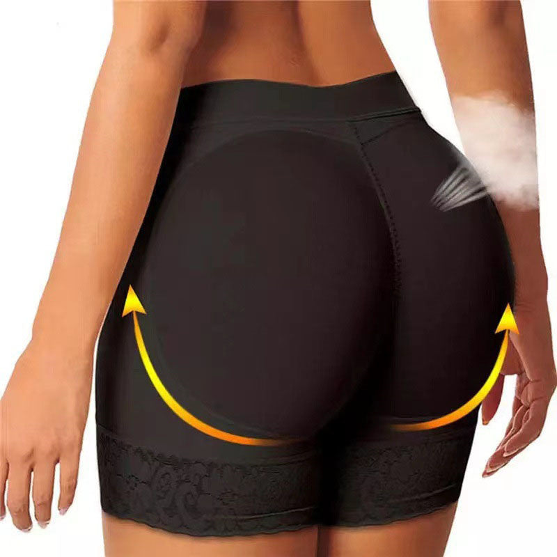 Black padded shapewear shorts designed to lift, shape, and enhance the hips and buttocks.