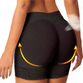 Black padded shapewear shorts designed to lift, shape, and enhance the hips and buttocks.