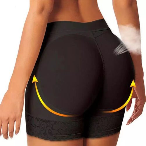 Black padded shapewear shorts designed to lift, shape, and enhance the hips and buttocks.