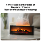 A black tabletop fireplace diffuser with glowing orange and red faux flames and logs, placed on a light marble surface in a softly blurred indoor setting. Text at the top reads, 'If interested in other sizes of fireplace diffusers Please send an inquiry/message'.

