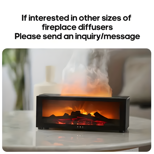A black tabletop fireplace diffuser with glowing orange and red faux flames and logs, placed on a light marble surface in a softly blurred indoor setting. Text at the top reads, 'If interested in other sizes of fireplace diffusers Please send an inquiry/message'.

