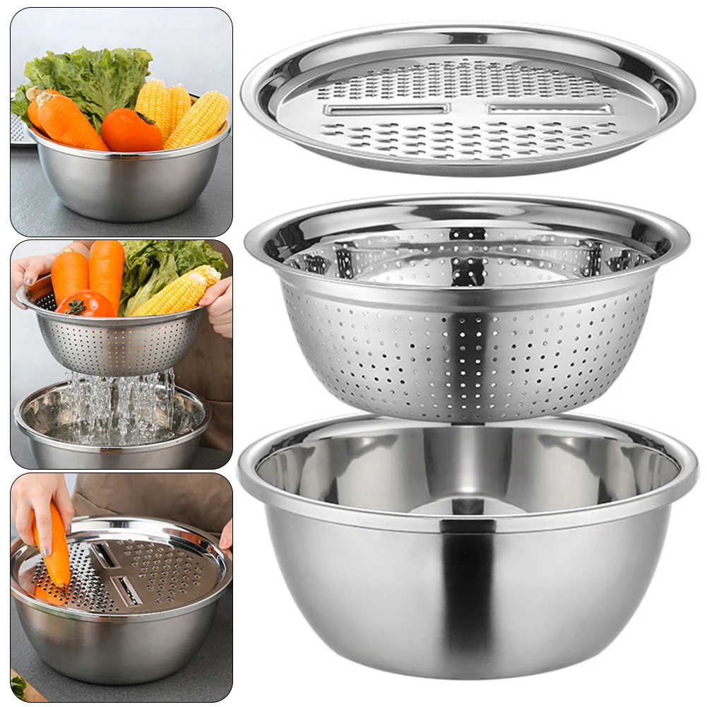 Stainless steel kitchen colander and grater set shown in a composite product image, including a large mixing bowl, perforated colander insert, lid, and inset usage photos with vegetables and water draining.

