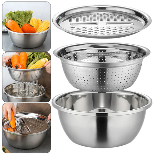 Stainless steel kitchen colander and grater set shown in a composite product image, including a large mixing bowl, perforated colander insert, lid, and inset usage photos with vegetables and water draining.

