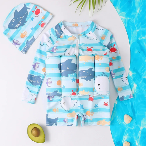 Children's swim set with shark and whale patterns on a white background

