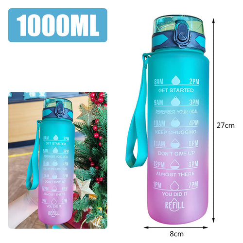 Purple gradient water bottle with time markings for daily hydration goals.