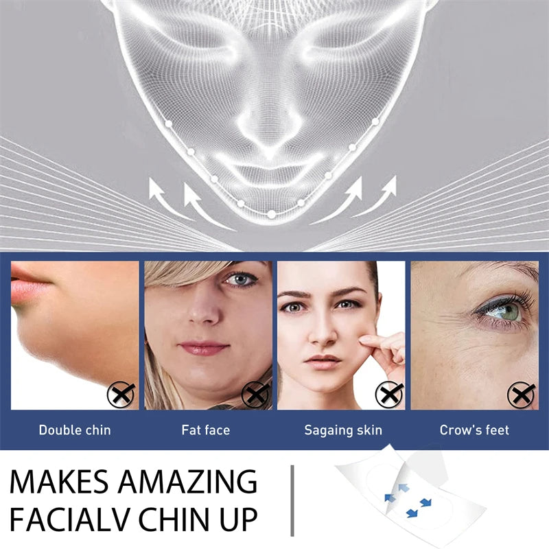 Infographic showing before and after results of using face lifting tape to target double chin, saggy skin, and fine lines