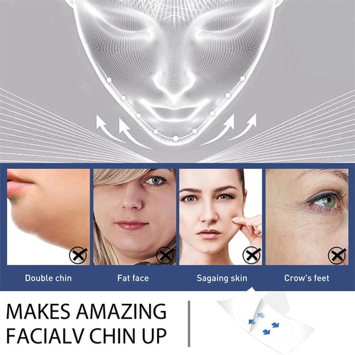 Infographic showing before and after results of using face lifting tape to target double chin, saggy skin, and fine lines