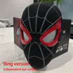 Black and red mask with spider web design on a box

