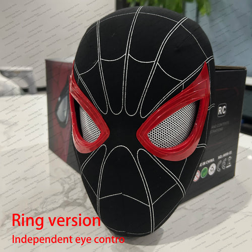 Black and red mask with spider web design on a box

