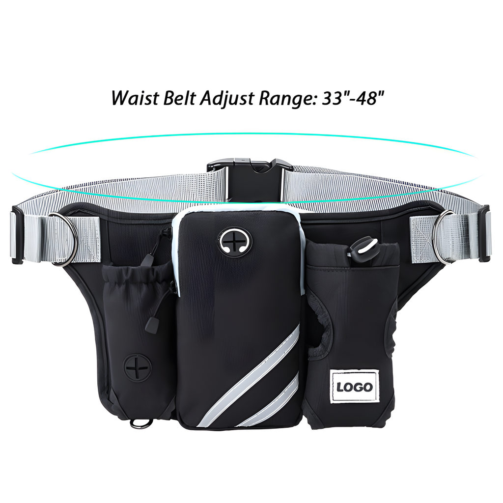 Black waist bag with multiple compartments and reflective gray details, shown on a white background with text reading 'Waist Belt Adjust Range: 33"-48"' and a cyan adjustment graphic above.

