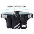 Black waist bag with multiple compartments and reflective gray details, shown on a white background with text reading 'Waist Belt Adjust Range: 33"-48"' and a cyan adjustment graphic above.

