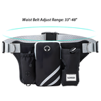 Black waist bag with multiple compartments and reflective gray details, shown on a white background with text reading 'Waist Belt Adjust Range: 33"-48"' and a cyan adjustment graphic above.

