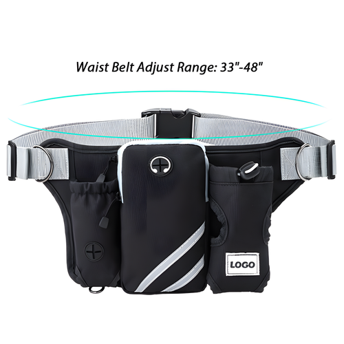 Black waist bag with multiple compartments and reflective gray details, shown on a white background with text reading 'Waist Belt Adjust Range: 33"-48"' and a cyan adjustment graphic above.


