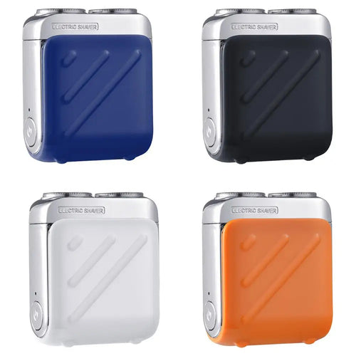 Mini electric shaver available in blue, black, white, and orange colors
