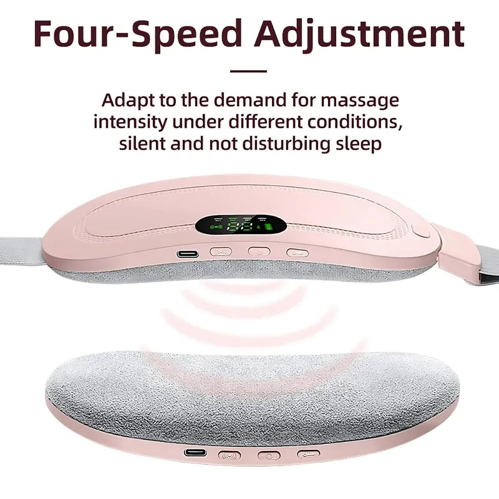 Woman using electric heating and vibration massager for menstrual pain relief