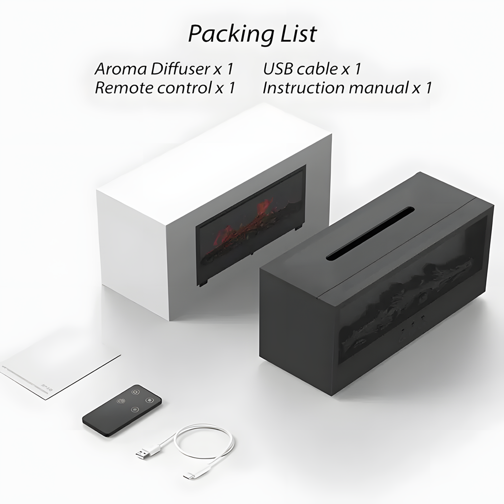 Packing list layout showing a white and black electric fireplace tissue box cover, a remote control, a USB cable, and an instruction manual on a clean white background with text listing the included items.

