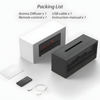 Packing list layout showing a white and black electric fireplace tissue box cover, a remote control, a USB cable, and an instruction manual on a clean white background with text listing the included items.

