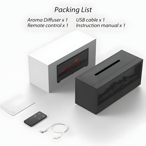 Packing list layout showing a white and black electric fireplace tissue box cover, a remote control, a USB cable, and an instruction manual on a clean white background with text listing the included items.

