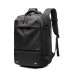 Front view of black travel vacuum backpack with sleek modern design and large capacity.