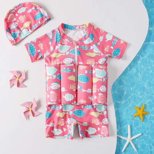 Children's swim outfit with fish pattern on a white background

