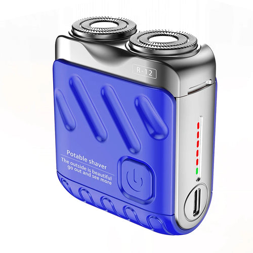 Blue portable electric shaver with compact waterproof body and USB charging