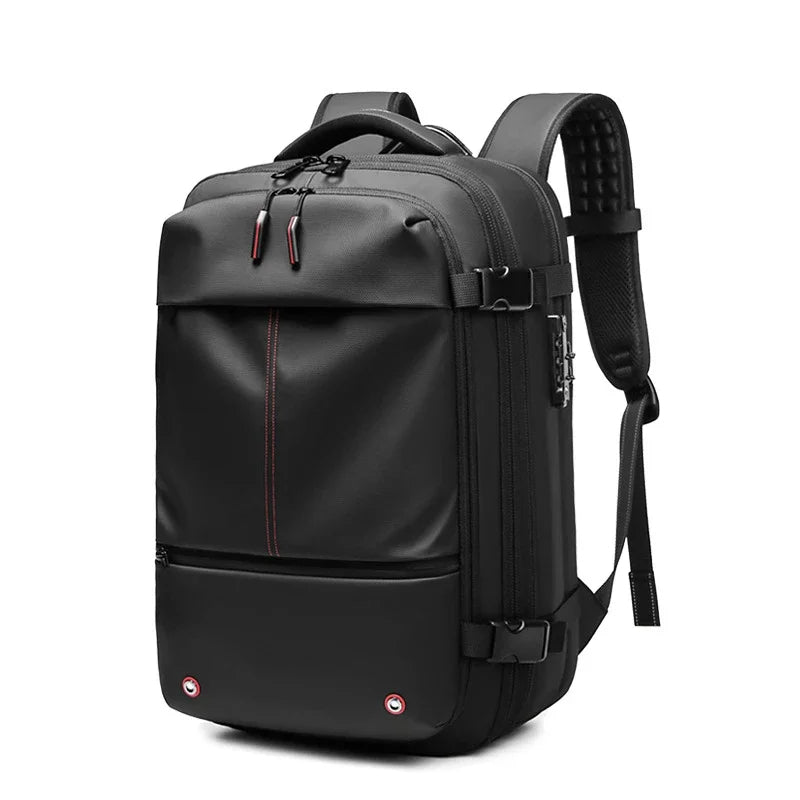 Rear view of vacuum compression backpack showing padded back support and adjustable straps.