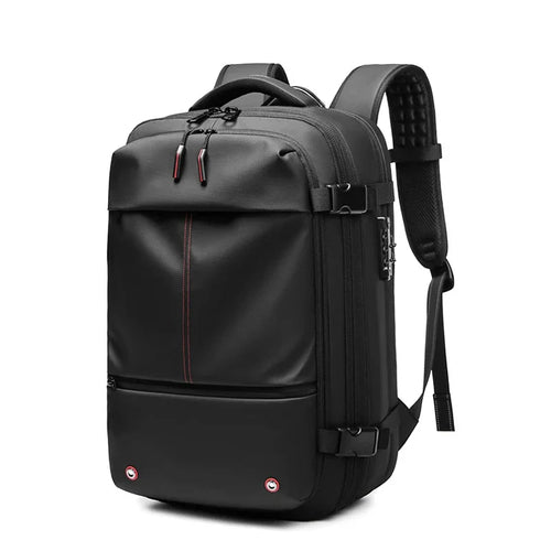 Rear view of vacuum compression backpack showing padded back support and adjustable straps.