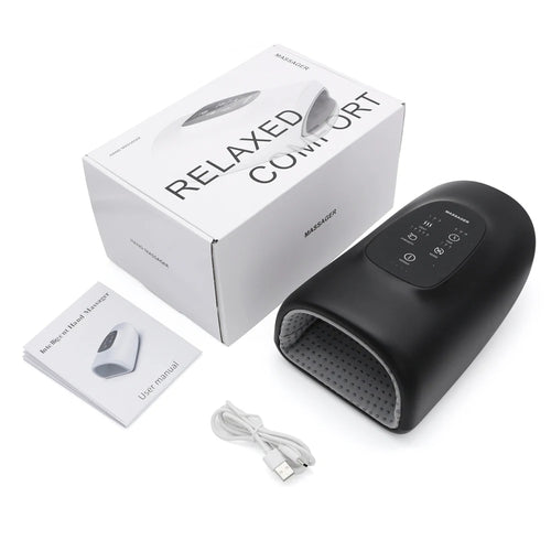 Portable rechargeable hand massager with charging accessories and retail packaging
