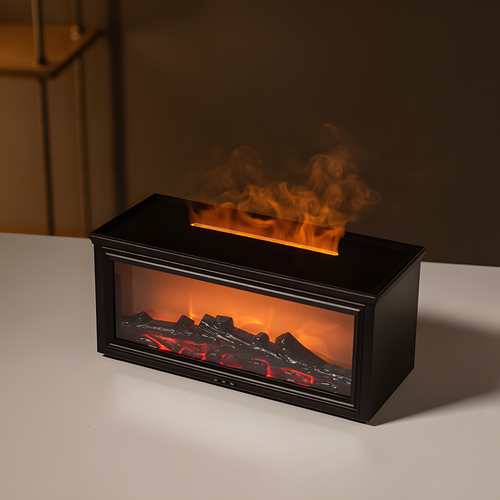 A rectangular black electric fireplace tissue box cover or decorative firebox with glowing orange flames and faux logs, shown on a tabletop in a dim interior setting.

