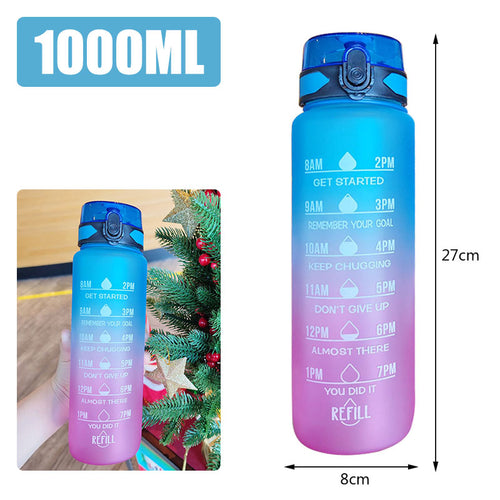 Blue and pink motivational water bottle designed for gym and sports activities.