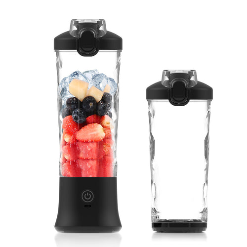 Black portable blender cup with powerful stainless steel blades for smoothie making