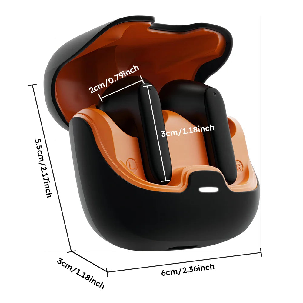 Wireless earbuds charging case dimensions and ergonomic earbud design illustration