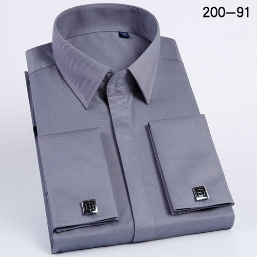Men's French Cufflinks Shirt Business Formal Dress Sleeve Studs Solid Color Non-ironing Double Stacked Sleeve Hidden Button Shirt Slim-fit Korean Style