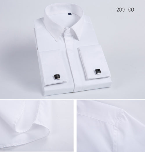 Men's French Cufflinks Shirt Business Formal Dress Sleeve Studs Solid Color Non-ironing Double Stacked Sleeve Hidden Button Shirt Slim-fit Korean Style